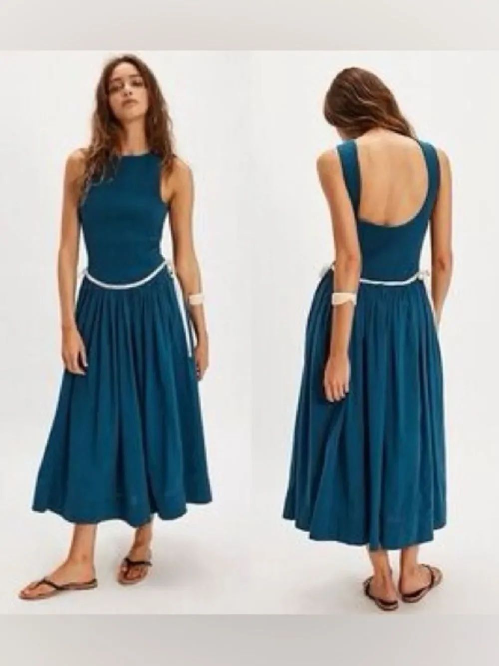 Free PeopleβNightingale Seersucker Teal Sleeveless Boho Midi Dress Scoop Back